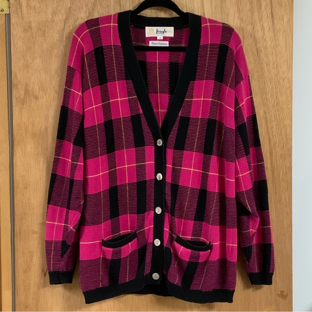 PRINGLE OF SCOTLAND 100% COTTON HAND INTARSIA PINK & BLACK PLAID CARDIGAN!